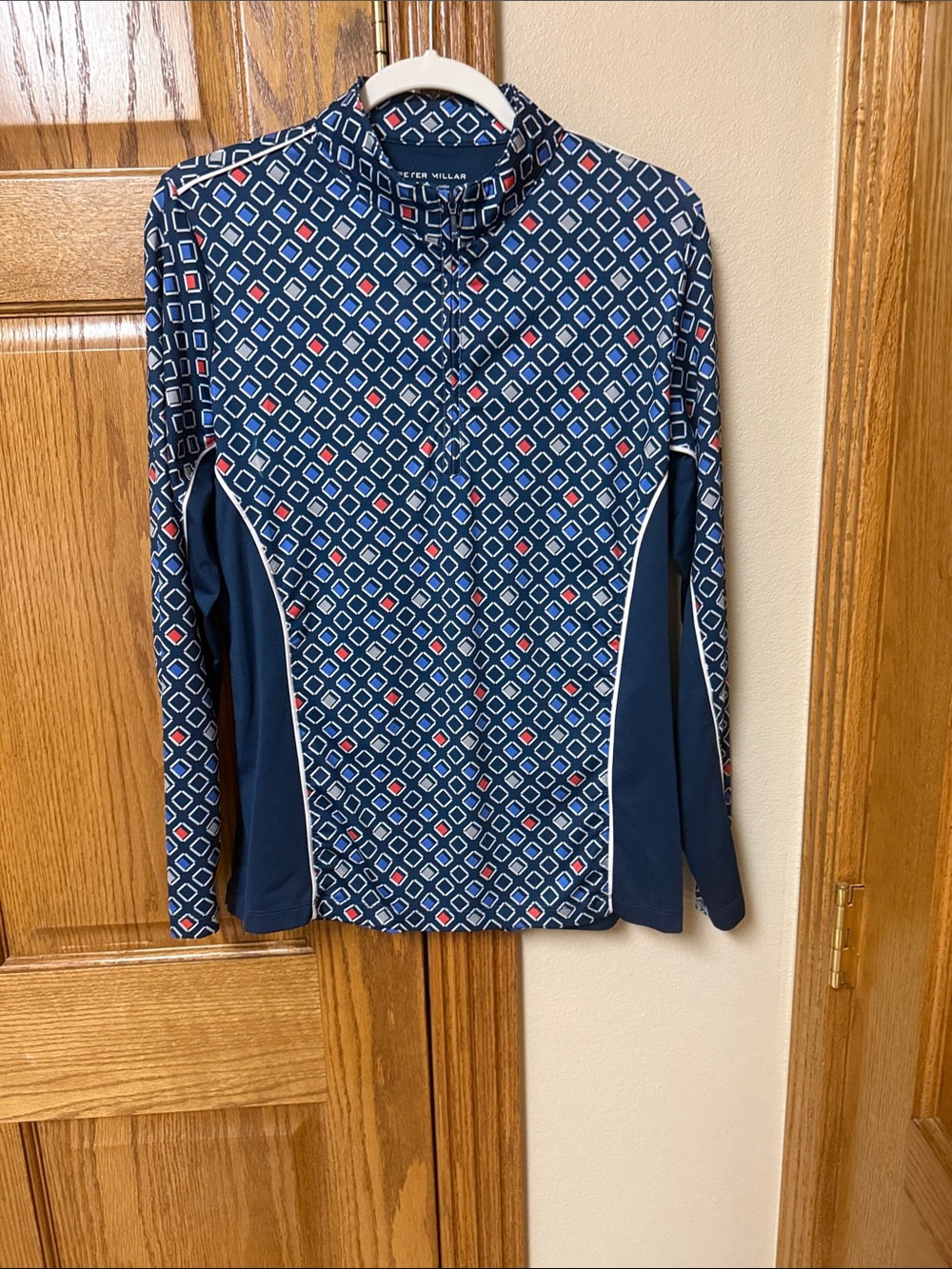 Peter Millar Navy Geometric Zip-Front Long Sleeve Shirt